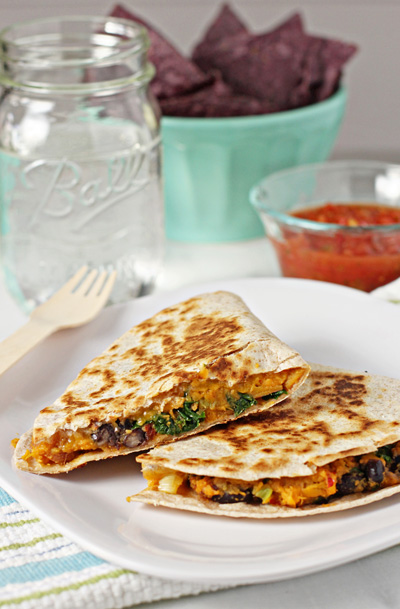 Sweet potato black bean and kale quesadillas
